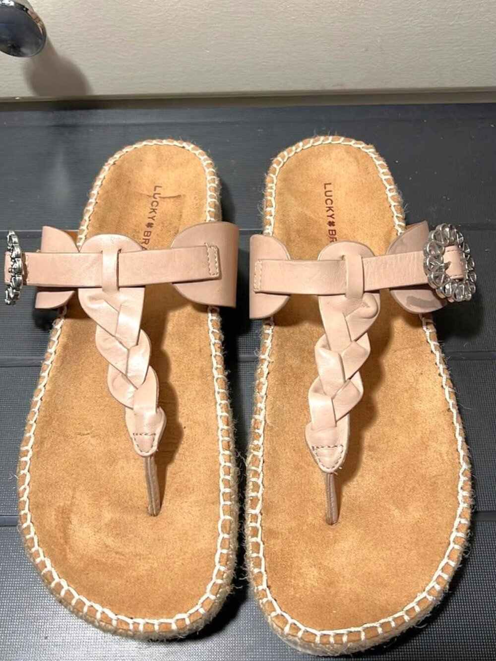 Lucky Brand Libba T-Strap Braided Espadrille Sandals Beige - Like New!